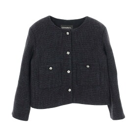 シャネル CHANEL ビジューボタン ツイード ノーカラージャケット 衣料品 アウター ウール レディース ネイビー系 【中古】