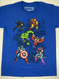 〇【 マーベル Marvel 】『 アベンジャーズ キャラ集合　Lサイズ（18/20） （ BL ） 』　Tシャツ キャプテンアメリカ マイティソー スパイダーマン ハルク アイアンマン アメコミ アメキャラ アメリカン雑貨