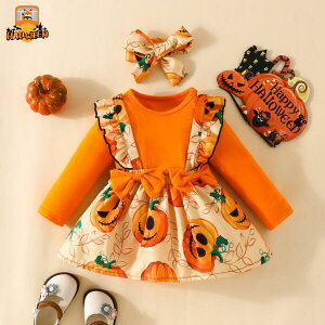 ¥ハロウィン//クリスマス サロペット スカート 3点セット キッズ 衣装 赤ちゃん ベビー トップス ワンピース ヘアバンド かぼちゃ ポンチョ おばけ 長袖