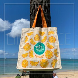 WHOLE FOODS MARKET ホールフーズマーケット エコバッグ【ハワイ限定】オレンジ柄 ホワイト / オーガニックコットン HAWAII ハワイ 使いやすい大きさ / エコバッグ【ハワイ直輸入】【正規品】