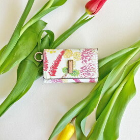 Spring Flowers カードも入る牛革キーケース　イエロー ピンク　グリーン　革　スマートキー　本革　レザー ミニマリスト リモコンキー