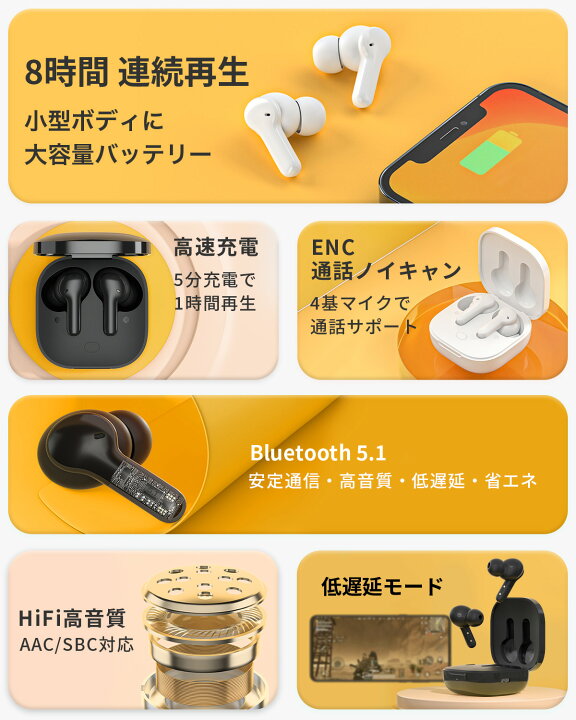 楽天市場】ワイヤレスイヤホン iphone マイク ENC ノイズキャンセ  