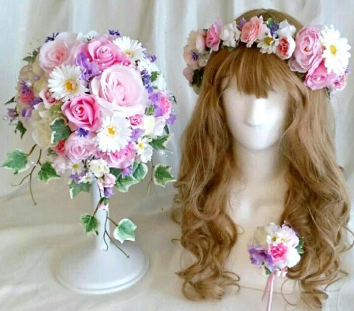 楽天市場 Bouquet ブライダルブーケ 造花ブーケ ウェディングブーケ 花冠セット ピンク パープルブートニア付き 95 ミルフルールオリジナル 95 Mille Fleurs 楽天市場店
