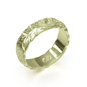 ハワイアンジュエリー オーダーメイド リング 幅6mm 厚み1.5mm バレル 14Kグリーンゴールド マイレ&カレイキニ カットアウト オーダーメイド リング 指輪 結婚指輪 マリッジリング | メンズ レ