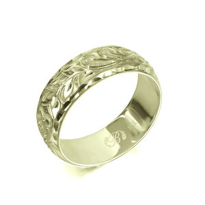 ハワイアンジュエリー オーダーメイド リング 幅6mm 厚み1.2mm バレル 14Kグリーンゴールド マイレ&カレイキニ ダイヤモンドカット オーダーメイド リング 指輪 結婚指輪 マリッジリング | メ