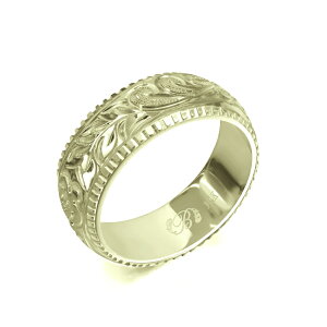 ハワイアンジュエリー オーダーメイド リング 幅6mm 厚み1.5mm バレル 14Kグリーンゴールド マイレ&カレイキニ コインエッジ オーダーメイド リング 指輪 結婚指輪 マリッジリング | メンズ レ