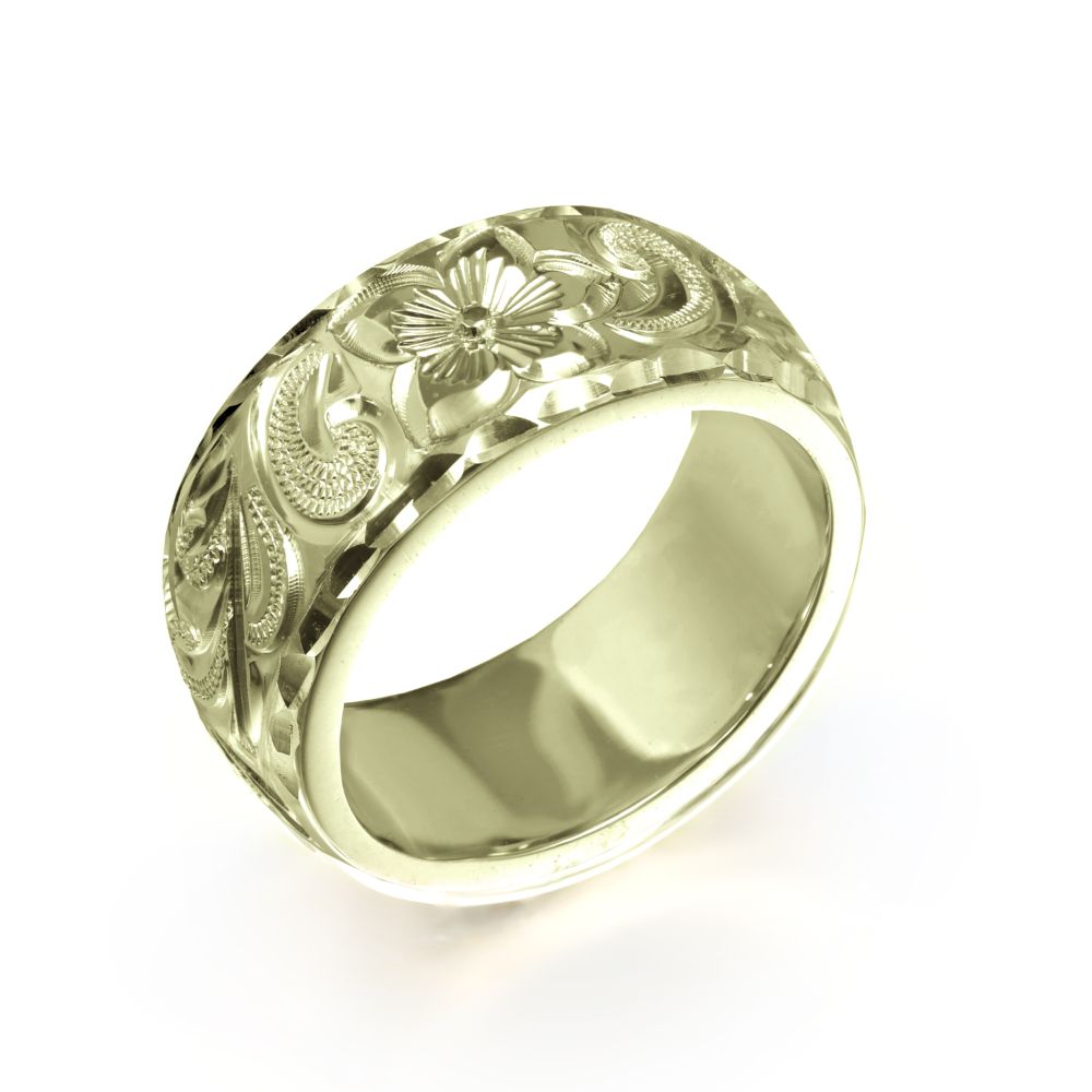 ハワイアンジュエリー オーダーメード リング 幅8mm 厚み1.5mm バレル 14Kグリーンゴールド カレイキニ ダイヤモンドカット オーダーメイド リング 指輪 結婚指輪 マリッジリング 【品番：GB8E-C15】 クリスマス