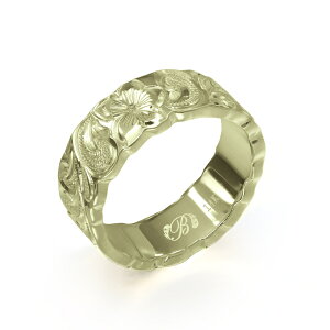 ハワイアンジュエリー オーダーメイド リング 幅6mm 厚み2mm フラット 14Kグリーンゴールド カレイキニ カットアウト オーダーメイド リング 指輪 結婚指輪 マリッジリング | メンズ レディー