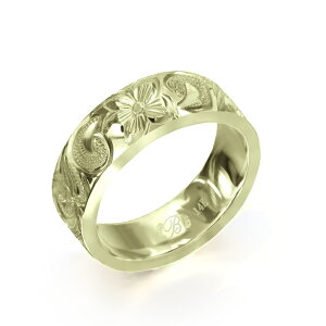 ハワイアンジュエリー オーダーメイド リング 幅6mm 厚み2mm フラット 14Kグリーンゴールド カレイキニ ノーエッジ オーダーメイド リング 指輪 結婚指輪 マリッジリング | メンズ レディース