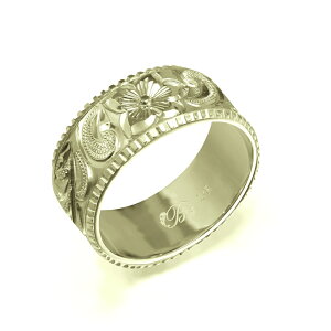 ハワイアンジュエリー オーダーメイド リング 幅8mm 厚み1.2mm フラット 14Kグリーンゴールド カレイキニ コインエッジ オーダーメイド リング 指輪 結婚指輪 マリッジリング | メンズ レディー