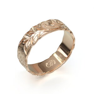 ハワイアンジュエリー オーダーメイド リング 幅6mm 厚み1.2mm フラット 14Kピンクゴールド マイレ&カレイキニ カットアウト オーダーメイド リング 指輪 結婚指輪 マリッジリング | メンズ レ