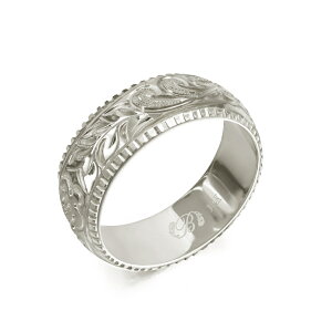 ハワイアンジュエリー オーダーメイド リング 幅6mm 厚み1.2mm バレル 14Kホワイトゴールド マイレ&カレイキニ コインエッジ オーダーメイド リング 指輪 結婚指輪 マリッジリング | メンズ レ