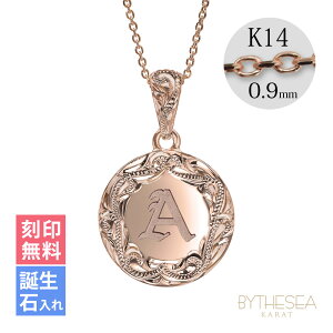 ゴールドネックレス ハワイアンジュエリー ネックレスイニシャル ピンクゴールド ネックレス 刻印無料 誕生石入れ可(有料) ラウンド型イニシャル コイン メダル 14k k14カットあずき太0.9mm ギ
