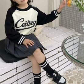 ラグラン リンガー ニット Tシャツ 長袖 薄手 ライン ロゴ ブラック 子供服 こども服 こどもふく 韓国子供服 ベビー キッズ 男の子 女の子 春 夏 秋 冬 100cm 可愛い お洒落