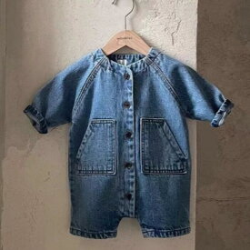 デニム ロンパース 七分 七分丈 カバーオール つなぎ 前開き 66cm 73cm ブルー 男の子 女の子 ベビー キッズ 子供服 こども服 こどもふく 韓国子供服 青 可愛い お洒落