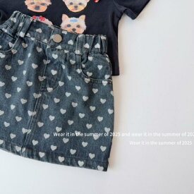 ハート デニム スカート パンツ 90cm 100cm キュロットパンツ 総柄 ハート 子供服 こども服 こどもふく 韓国子供服 ベビー キッズ 男の子 女の子 インナーパンツ 可愛い お洒落 春 夏 秋 冬 ブルー