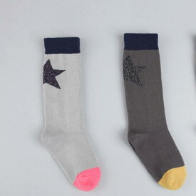 スター クルーソックス 靴下 星 ラメ ライトグレー × ピンク グレー × イエロー クルー丈 ソックス 星柄 子供用靴下 キッズ靴下 12cm ~ 15cm 1歳 ~ 3歳 15cm ~ 18cm 3歳 ~ 5歳 灰色