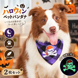 【2枚セット】ハロウィン 蓄光 バンダナ ペット マフラー スタイ よだれかけ 犬用 猫用 チェック柄 犬 夜光 三角形リバー シブル クリスマス 取り付け簡単 サイズ調整可能 かわいい 水洗い可 お散歩 秋 ペット スカーフ コスチューム デコレーション 大型犬