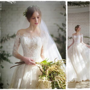 レース ウェディングドレス Aライン 袖あり プリンセスドレス マタニティ ママドレス 白ドレス 前撮り ドレス 二次会ドレス 花嫁ドレス パーティードレス 披露宴 トレーン ロングドレス 結