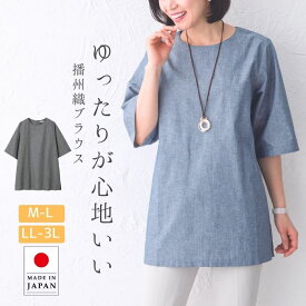 【クーポンで10％OFF!6/28 10:00～7/12 9:59】 播州織 ゆったり ブラウス 綿 半袖 カットソー 大きいサイズ M-L LL-3L トップス レディースファッション ポケット付 体形カバー 快適 涼しい 40代 50代 60代 70代 婦人服 ミセス シニア お母さん 誕生日 プレゼント