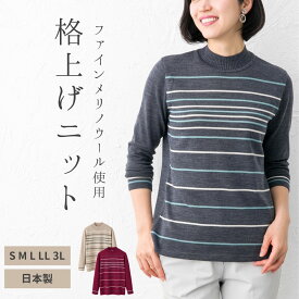 ファインメリノウール ボーダー セーター ハイネック レディース 秋冬 チャコール ワイン グレージュ M L LL 3L 60代70代80代 ギフト対応 大きいサイズ 母の日