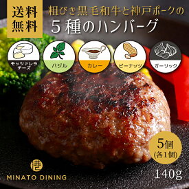 ハンバーグ 5種セット 和牛×神戸ポーク 合い挽き ガーリック カレー チーズ バジル ピーナッツ 美味しい 贈答 ご家庭用 140g ボリューム とろけるハンバーグ ギフト 送料無料 クール便 冷凍 和牛 国産牛