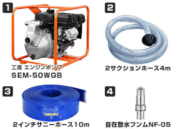 楽天市場】工進 エンジンポンプ SEM-50WGB 《4mサクションホース+送水 