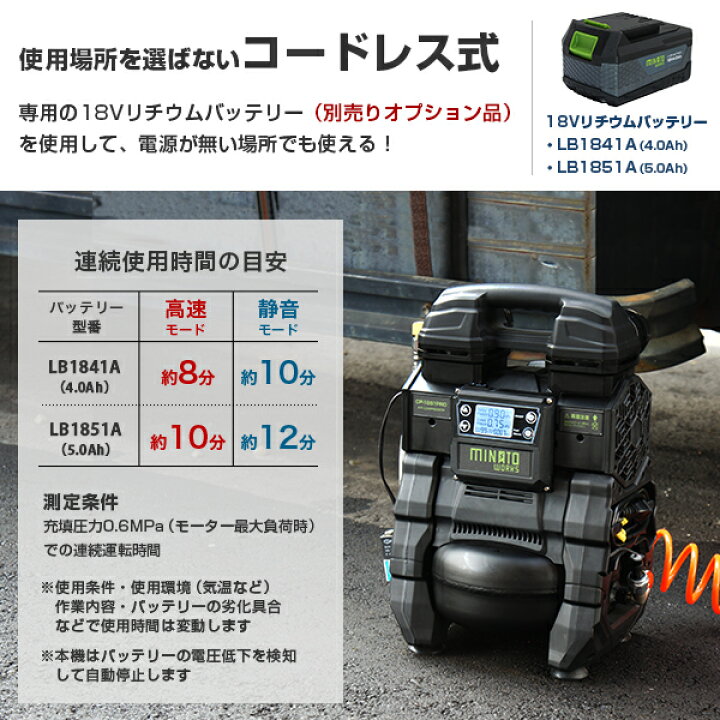 楽天市場】ミナト エアーコンプレッサー CP-1851PRO (充電式＆100V 