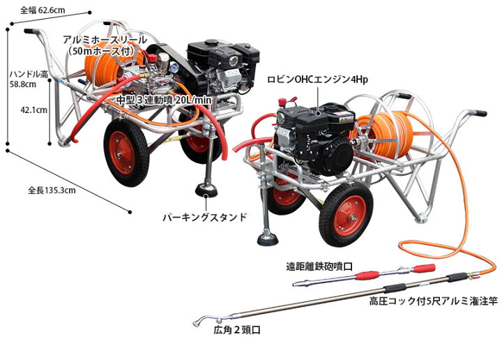 楽天市場】ミナト ロビン4Hpエンジン付き 中型3連動噴 高圧ホース50m 