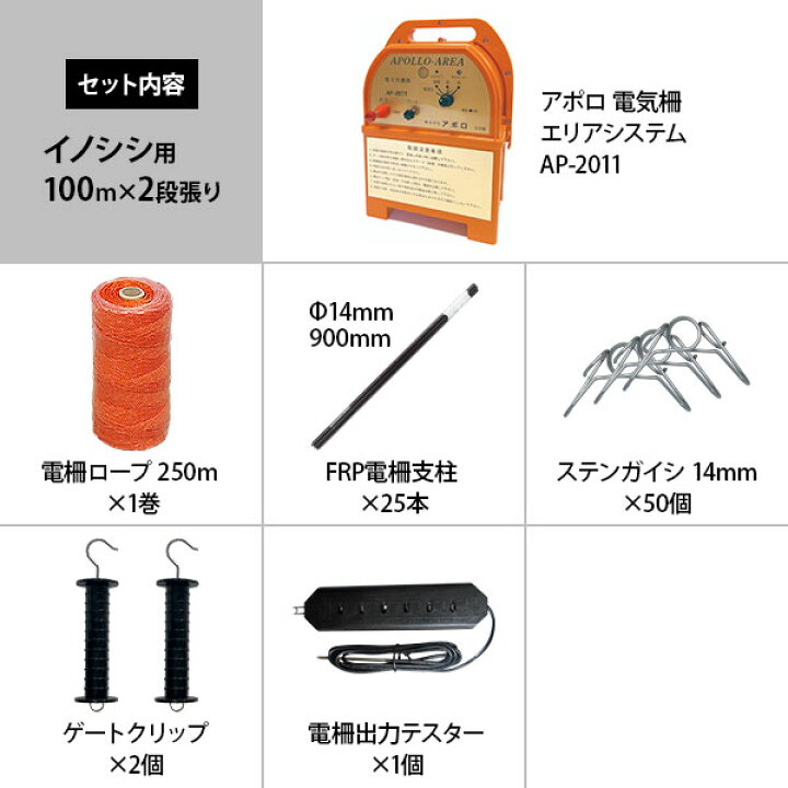 楽天市場】アポロ 電気柵 イノシシ用 2段張りセット (100m・200m 