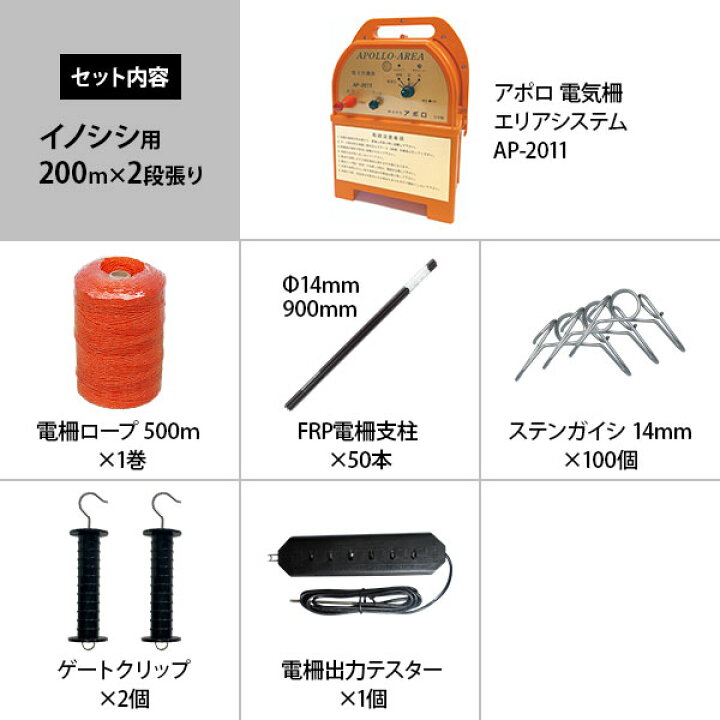 楽天市場】アポロ 電気柵 イノシシ用 2段張りセット (100m・200m 