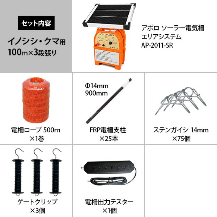楽天市場】アポロ ソーラー電気柵 イノシシ・クマ用 3段張りセット 
