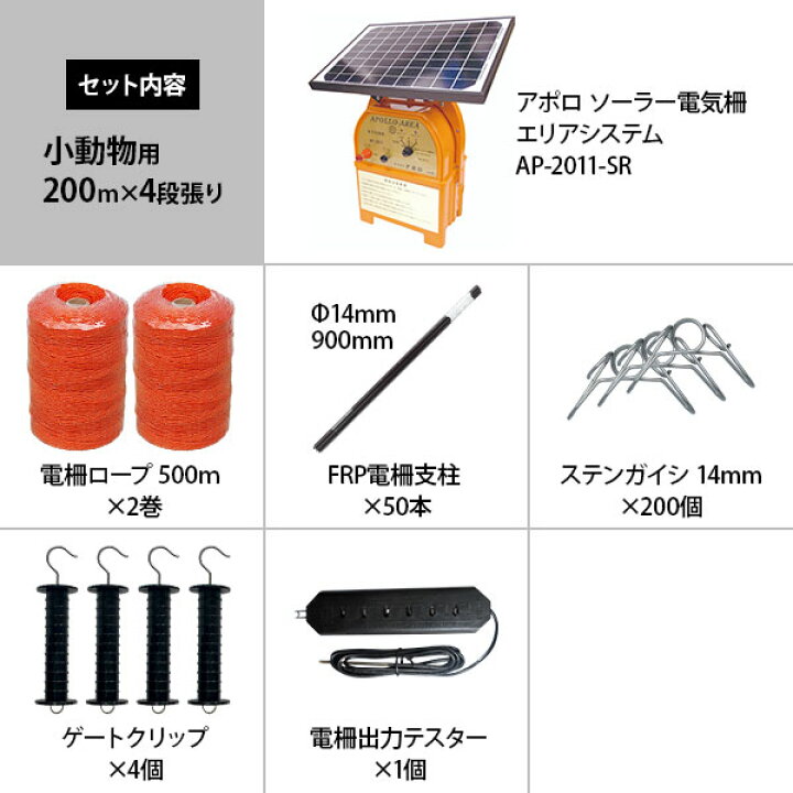 楽天市場】アポロ ソーラー電気柵 小動物用 4段張りセット (100m・200m 