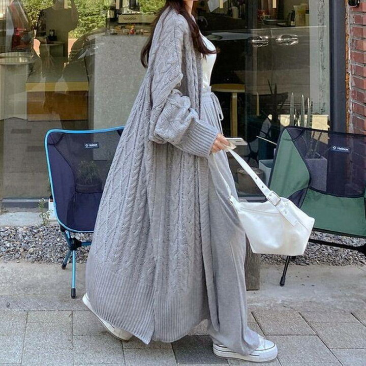 楽天市場】レディース ロングニットコート ケーブル編みガウンコート 