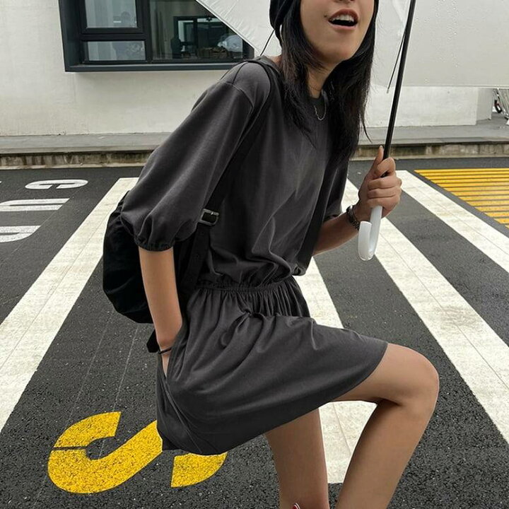 2color レディース ウエストギャザーバルーンワンピース シャツワンピース ショート丈 シャツ ドレス ミニワンピ 半袖 ラグランスリーブ ドロップショルダー 灰色 グレー 白 ホワイト 大人可愛い きれいめ 上品 マニッシュ スポーティー MINETTE レディース