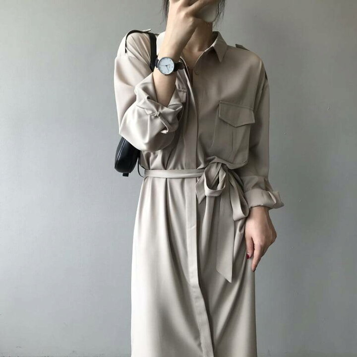 楽天市場】3color レディース シャツワンピース ウエストリボン ベルト  