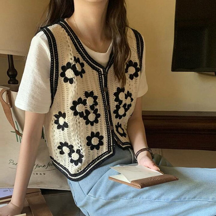 楽天市場】レディース 花刺繍クロッシェ編みベスト トップス ベスト 
