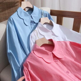 3color レディース トップス シャツブラウス シャツ ブラウス カラーシャツ 襟付き 花びらデザイン 無地 袖あり 長袖 清潔感 爽やか