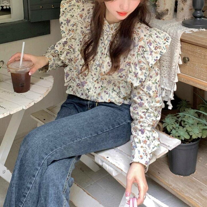楽天市場】レディース ノーカラーフリル花柄シャツ トップス シャツ 