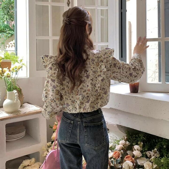 楽天市場】レディース ノーカラーフリル花柄シャツ トップス シャツ  