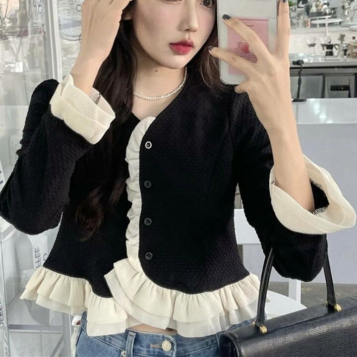 楽天市場】2color レディース フリル付きツイードカーディガン  