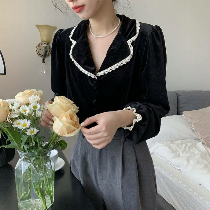 楽天市場】レディース ベロアブラウス レース装飾ベロアシャツ  