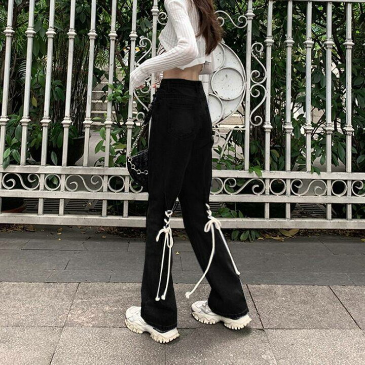 楽天市場】2color レディース デニムパンツ バックレースアップフレア 