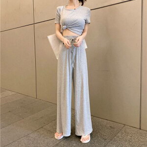 3color セットアップ セット set 2点セット 上下セット トップス ショート丈 ロングパンツ ワイドパンツ ロング ロング丈 半そで 半袖 スウェット シンプル 爽やか きれいめ 春夏 春 夏 秋 冬 秋