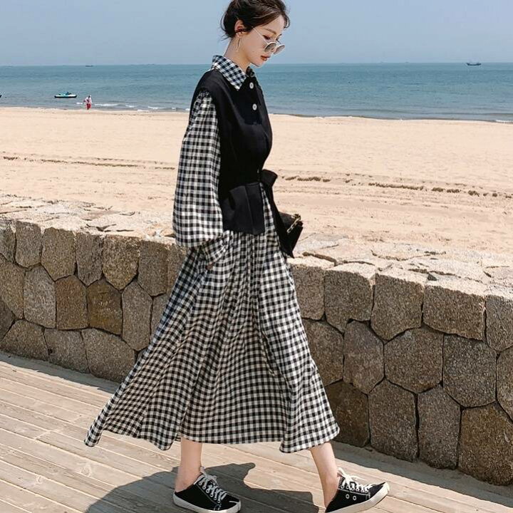 楽天市場】ワンピース シャツワンピース ベスト付き ギンガムチェック 
