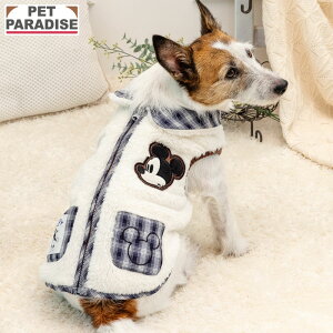 ディズニー ミッキーマウス 犬 服 冬 襟付き ジップ ベスト 小型犬 | 背中開き 着せやすい ブランド カジュアル おしゃれ かわいい かっこいい ホワイト チェック柄