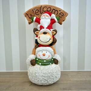 WELCOME　クリスマストリオ肩車　サンタ　トナカイ　スノーマン　かわいい置物　ウェルカムボードクリスマス　玄関　かわいい雪の降る季節の飾りに。メリークリスマスプレゼントにもぴっ