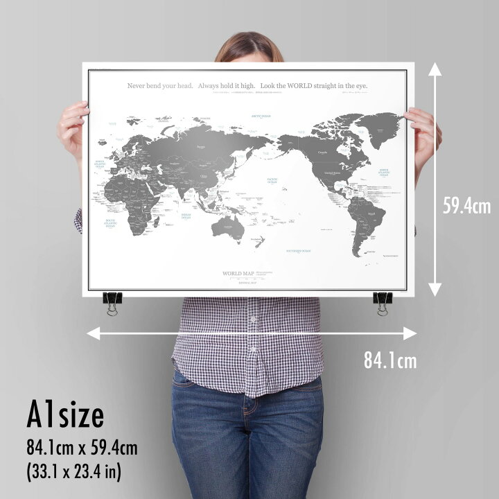 国名と首都が分かる 大きな世界地図ポスター   白黒   ミニマルマップ (英語・かな, A1サイズ)