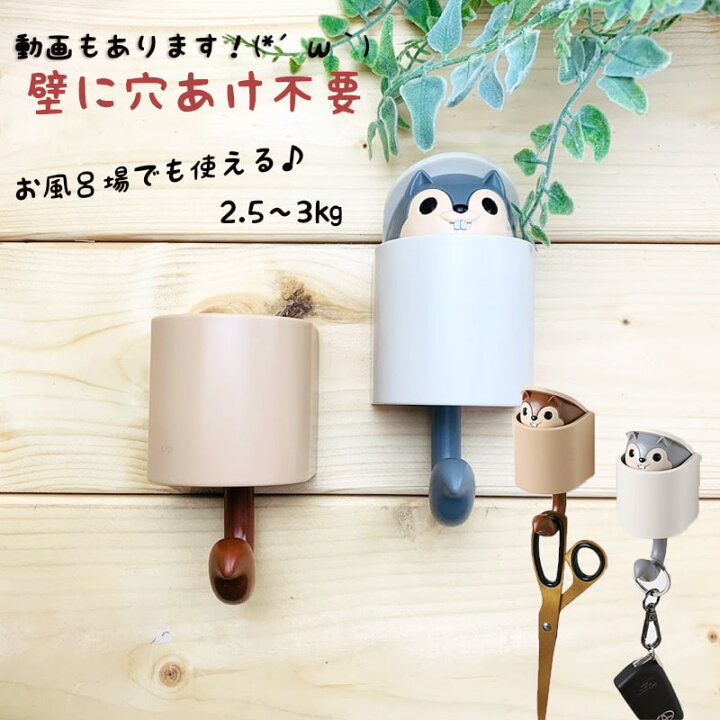 楽天市場 送料無料 壁フック 穴あけ不要 すぐ使える 粘着 Diy 動物 リス アニマル インテリア 壁掛け おしゃれ フック 可愛い 吊りフック 石工ボード 石こうボード 壁 簡単 便利 玄関 トイレ ギフト ひょっこり 防水 雑貨 Minimini
