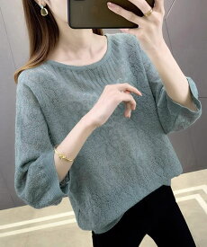 【最大50%OFFクーポンで,1695円】サマーニット 七分袖透かし編みトップス レデイーズ クルーネック ドルマンニットトップス 春夏秋 ゆったりニット 日焼け防止 涼しい カジュアルニットtシャツ miniministore 24TPS-003